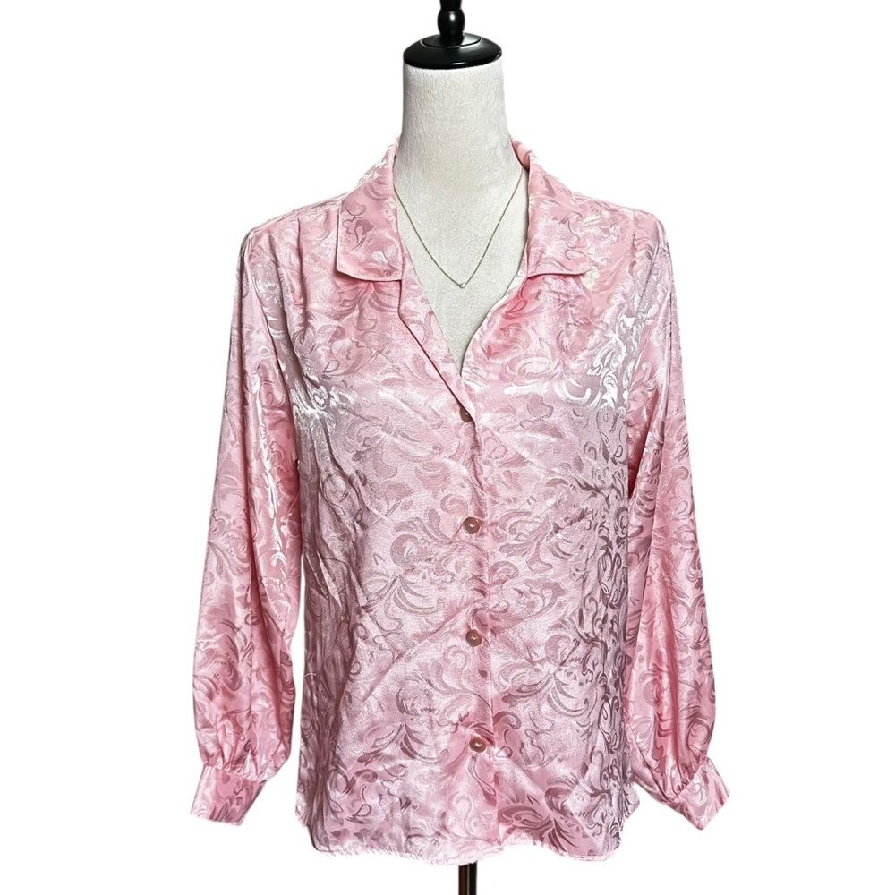 Vintage Laura Mae Pink Satin Floral Blouse 12 | Bishop Sleeve Silky Office‎ Chic